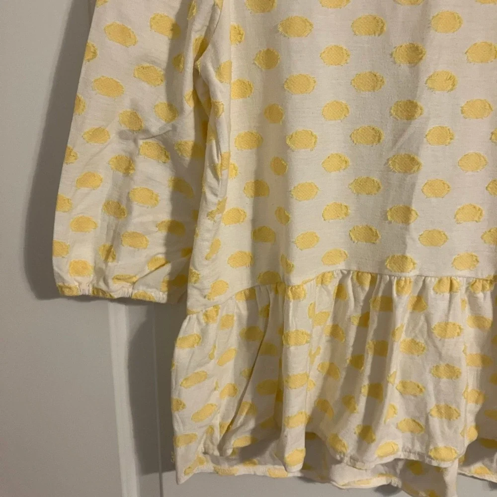 LOFT yellow &‎ white swiss dot peplum blouse with 7/8 puff sleeves women's sz S